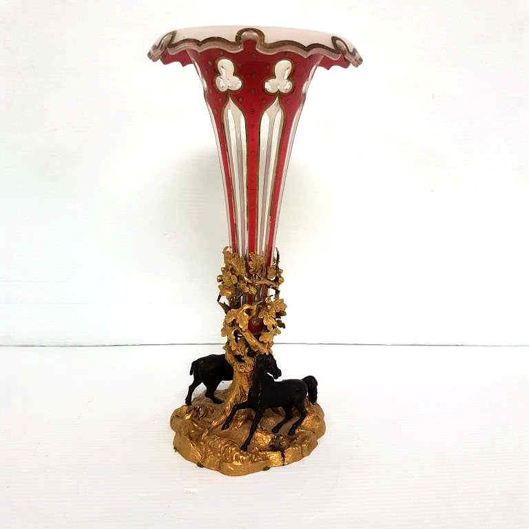 Antique ornate French gilt bronze epergne with cut overlay insert 1851 tag on bottom 16" tall (1 of 7)