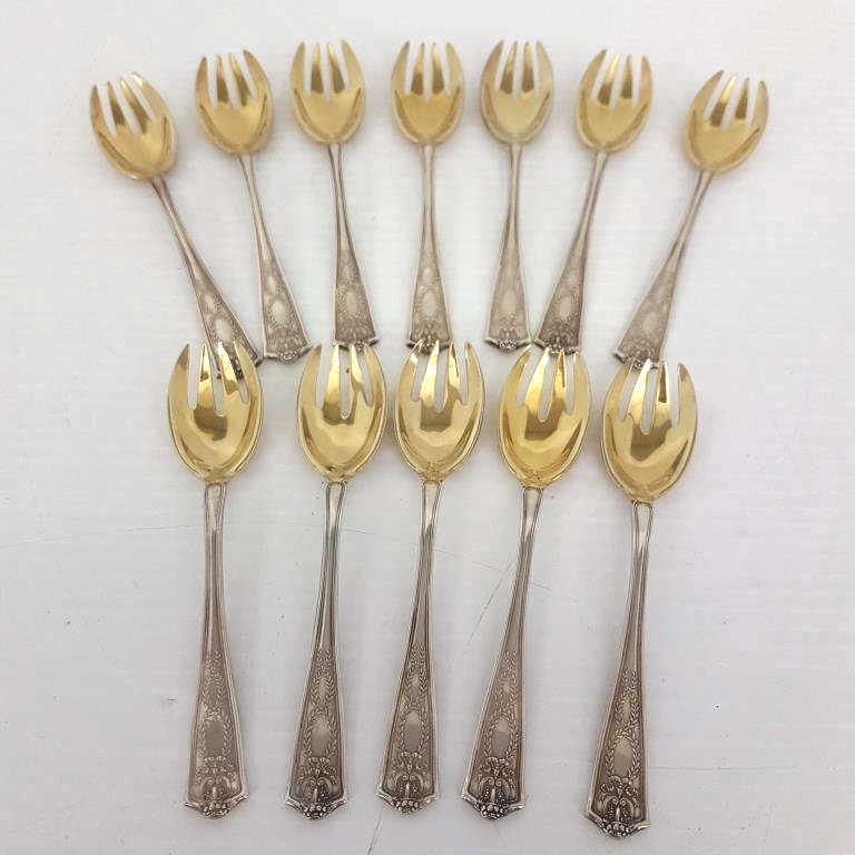 12 Tiffany & Co. matching ornate ice cream sporks, forks with gold wash - approx. 5 1/2" long - 14": 12 Tiffany & Co. matching ornate ice cream sporks, forks with gold wash - approx. 5 1/2" long - 14" oz.