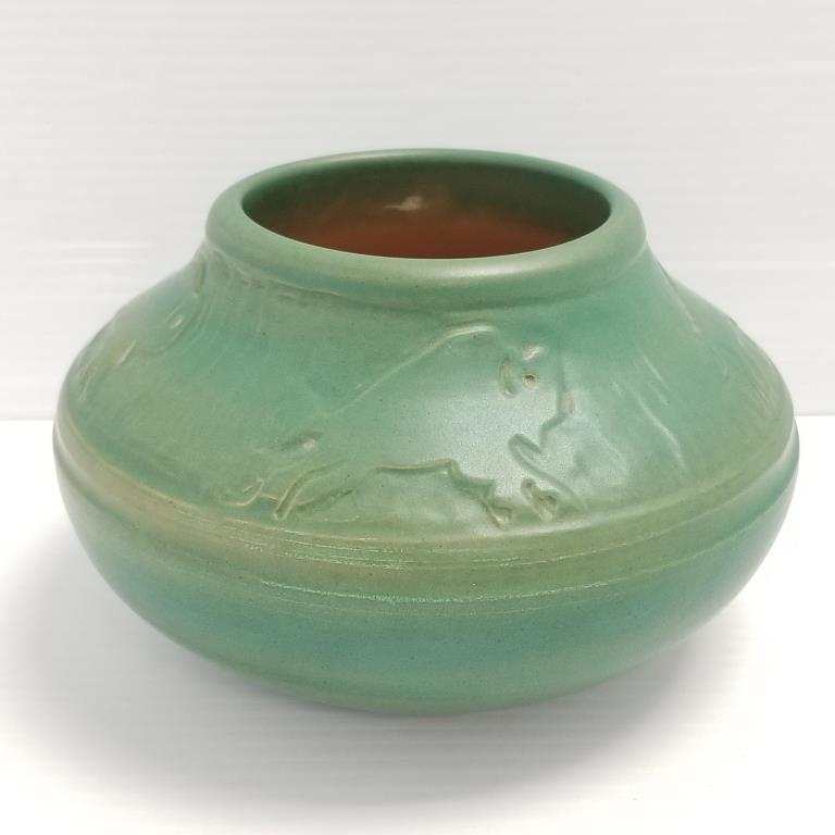 University of North Dakota School of Mines vase with incised buffalo - Julia Mattson signature - 4": University of North Dakota School of Mines vase with incised buffalo - Julia Mattson signature - 4" high x 7 1/2" diameter