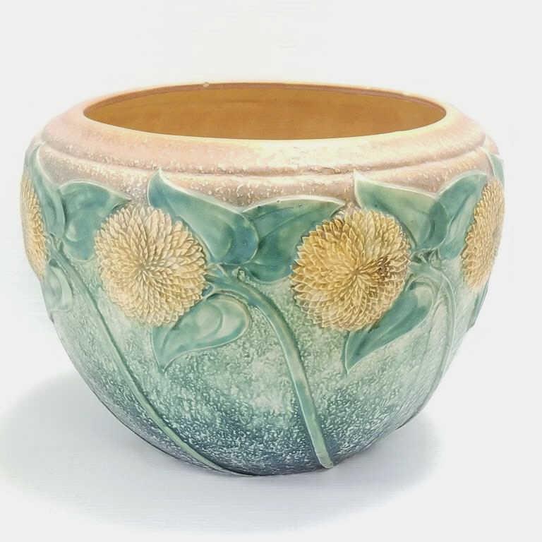 Large Roseville Sunflower jardiniere (as seen - hairline, drilled, etc.) 12" high x 16" diameter (1 of 9)