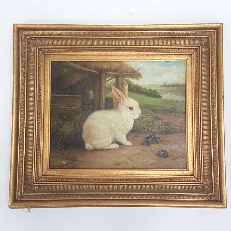 Antique style framed oil painting on canvas - signed Scot - rabbit - 26 1/2" x 30 1/2 O.D. (1 of 5)