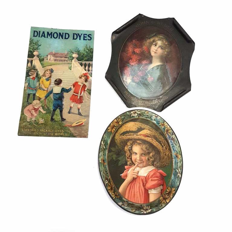 3 antique tin litho advertising signs, etc. - Diamond Dyes, etc, (as seen) 11 1/2" x 20" largest (1 of 8)