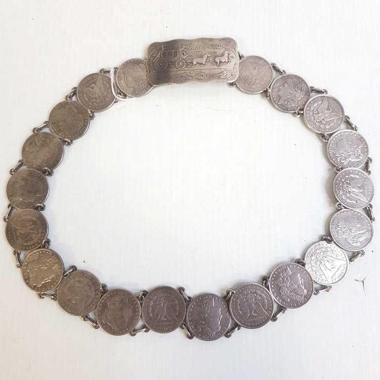 Antique U.S. Morgan silver dollar belt with 20 silver dollars including 1891 CC & sterling (1 of 8)