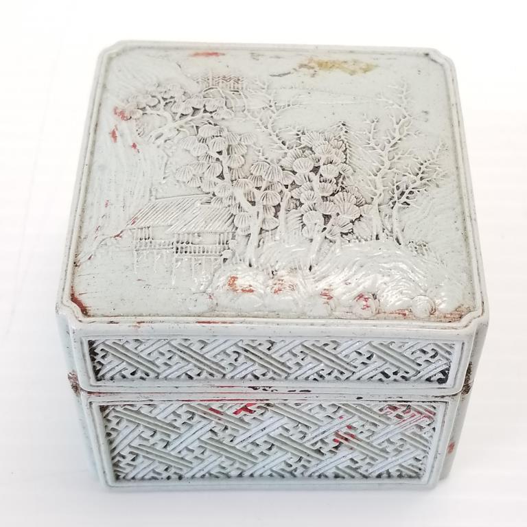 Antique Chinese celedon covered paint box signed 2 3/4" x 2 3/4" x 2 1/4" (1 of 12)