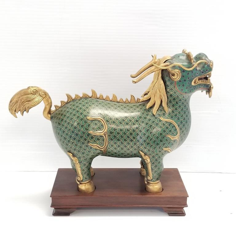 Chinese cloisonne foo lion with wood base - 11 1/2" x 8" (1 of 14)