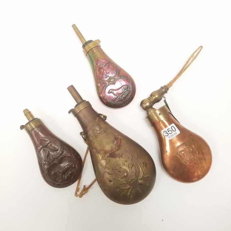 4 brass, etc. powder flasks - longest 9": 4 brass, etc. powder flasks - longest 9"