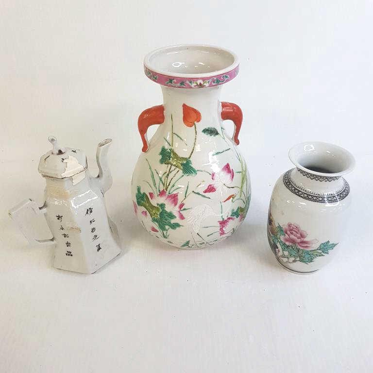3 antique, etc. Chinese porcelain - teapot, vase, etc. - tallest 9 1/2" high (1 of 8)