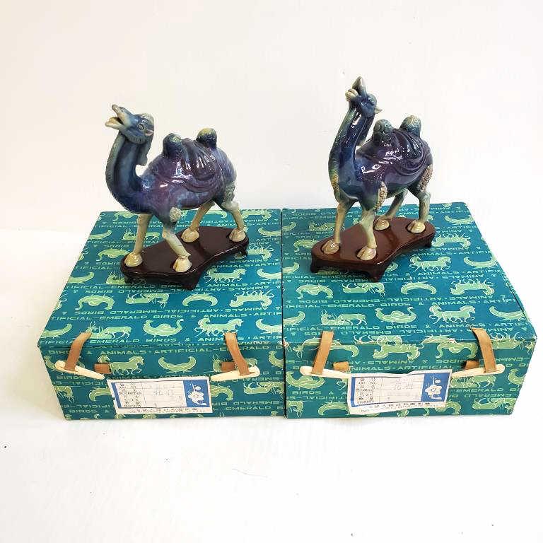 2 Chinese glass camel figures with wooden stands 5" x 5" with stands (1 of 4)