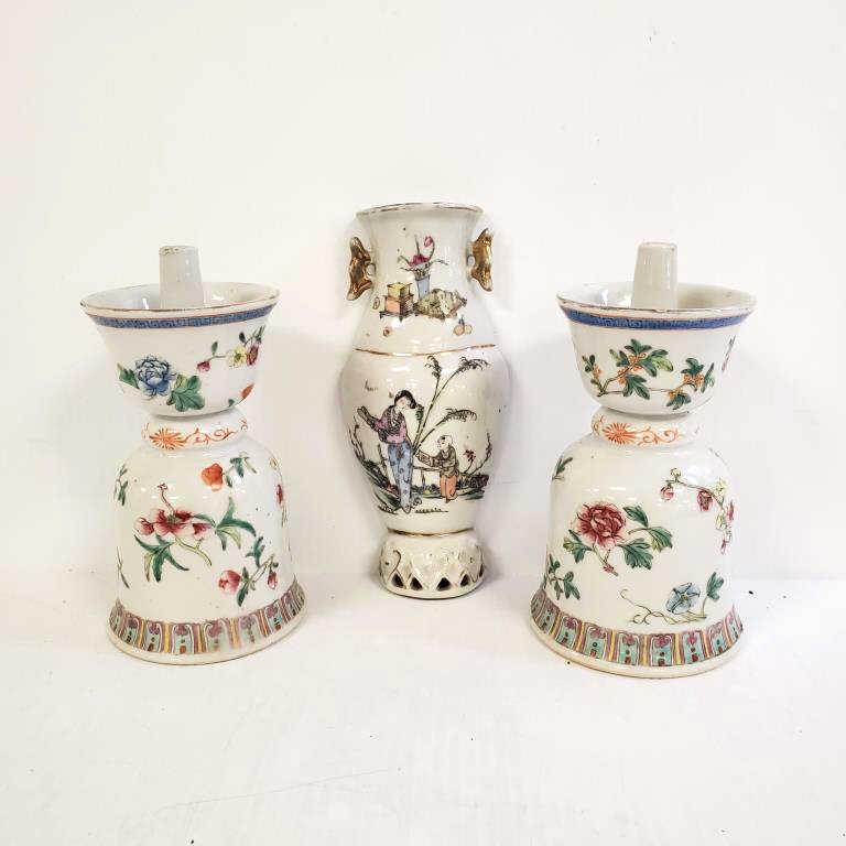 3 antique Chinese porcelain pieces, 7 1/2" wall pocket vase, two candle stands - 7" high (1 of 16)