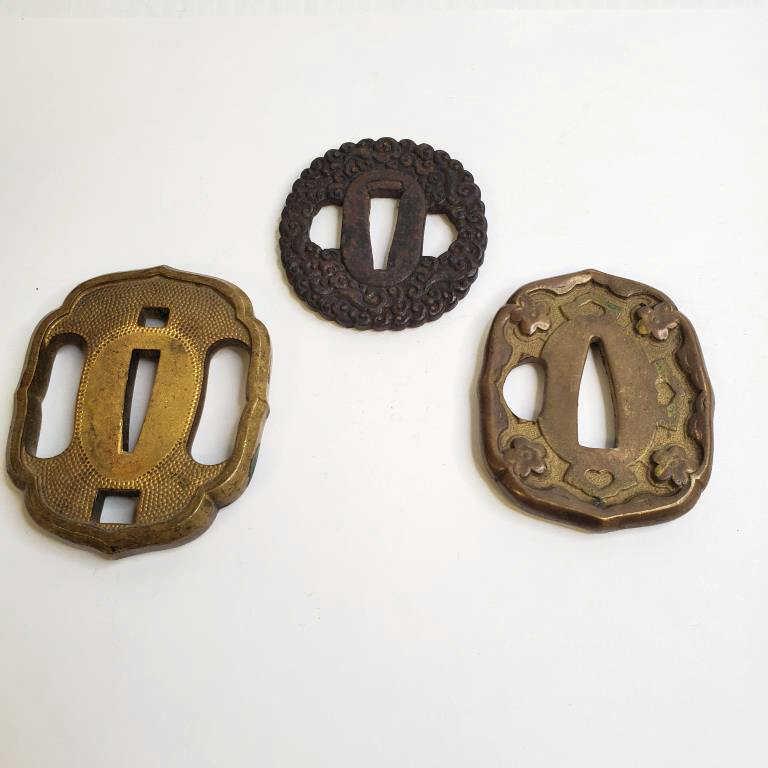 3 antique Japanese Tsuba: 2 are bronze, 1 iron 2 1/4"x 2 3/4" (1 of 6)