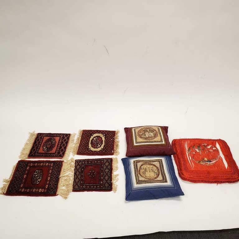 4 hand tied Oriental mats & needlework pillows, etc (1 of 6)