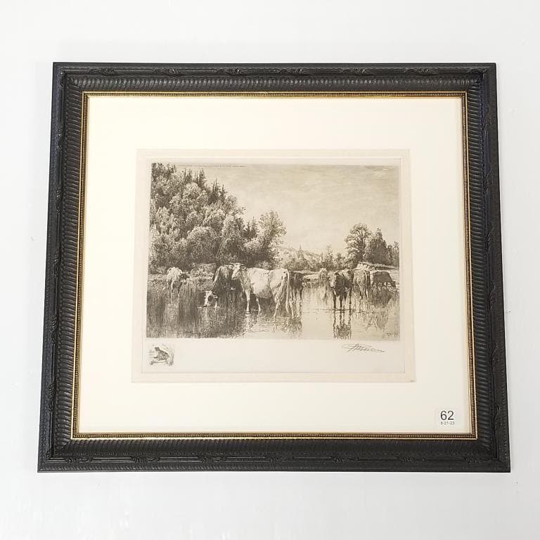 Peter Moran framed pencil signed etching "Noon Day" 17 1/2" x 19 1/4" O.D.: Peter Moran framed pencil signed etching "Noon Day" 17 1/2" x 19 1/4" O.D.