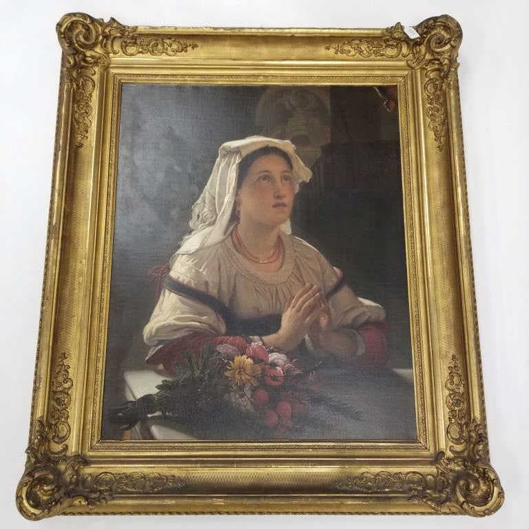 S. Lati framed signed Continental School oil painting on canvas - woman praying - 38" x 46" O.D. (1 of 10)