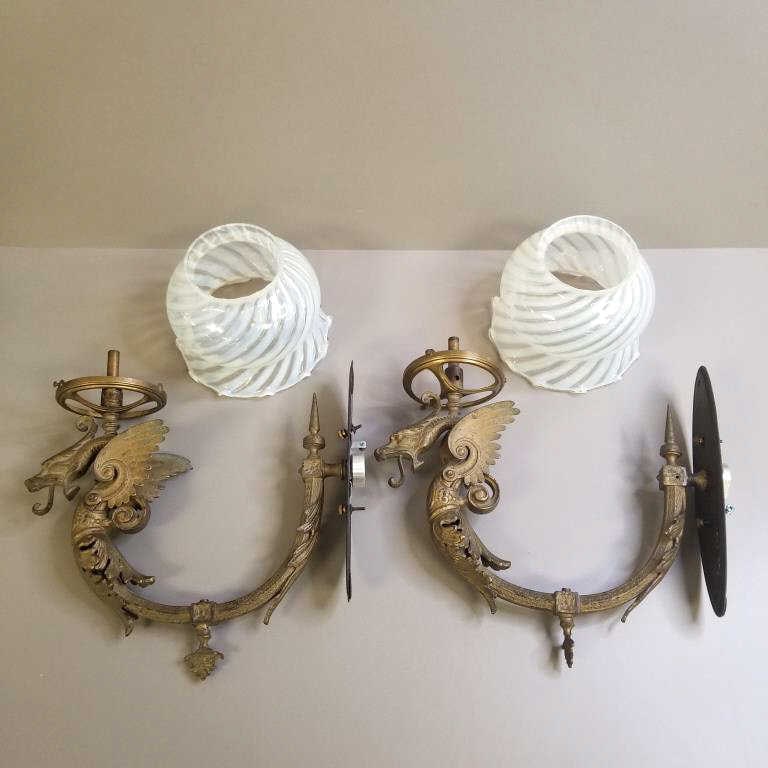 2 ornate matching gas light fixtures w/ dragons 12"L x 12"H w/ 2 matching opalescent shades 5"H x 7" (1 of 11)