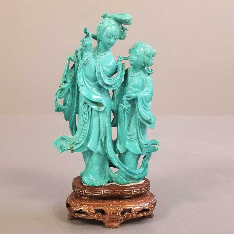 Carved Chinese turquoise figure with inlaid wooden base - 5 1/2" total height; 199 grams (1 of 9)