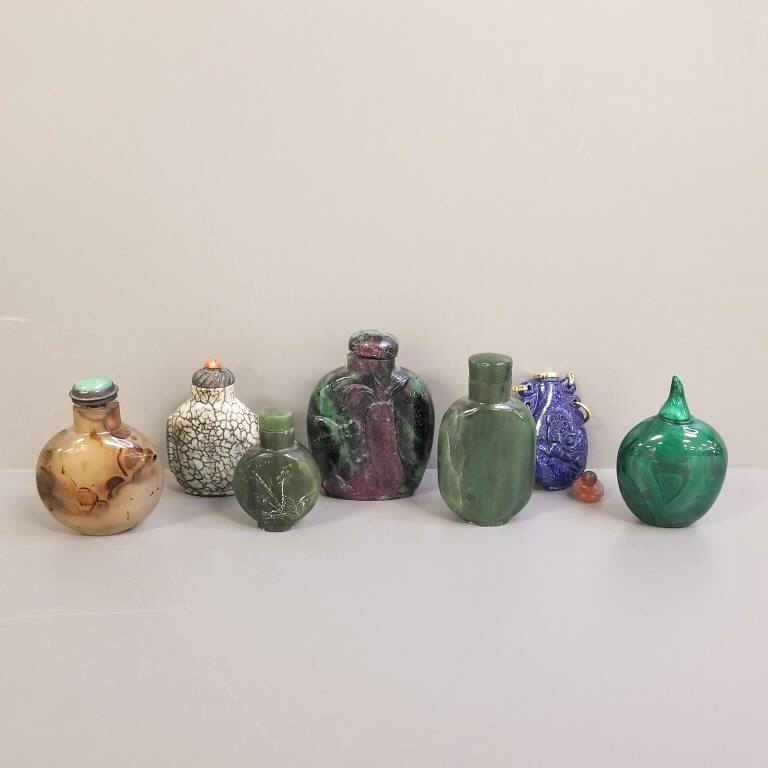 7 Chinese carved stone snuff bottles inlcuding malachite, lapis, agate, etc. - 2 1/2" tallest (1 of 8)