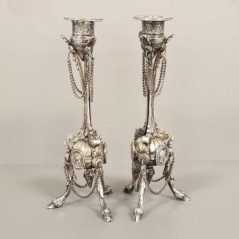 Pair of antique neoclassical revival hoof footed candlesticks with medallions and chain swag - 10" (1 of 11)