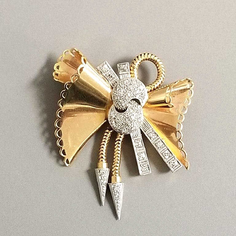 Tested 14K rose gold and diamond bow brooch with dangles; 17.5 grams; 2" long (1 of 6)