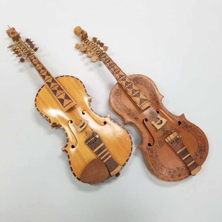 2 Contemporary 1987 Hans Nielsen Hardanger style fiddles: 25"L x 8" wide (as seen): 2 Contemporary 1987 Hans Nielsen Hardanger style fiddles: 25"L x 8" wide (as seen)