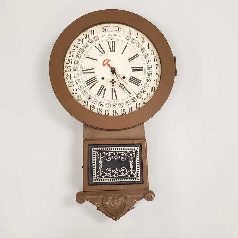 Rare W.M. Gilbert office drop calendar clock with pendulum & key (as is - case painted) 31" long (1 of 6)