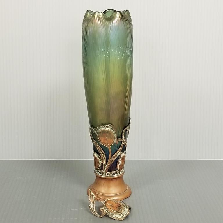 Loetz style vase in Art Nouveau copper holder (as seen - copper piece detached) - 10 3/4" high (1 of 13)
