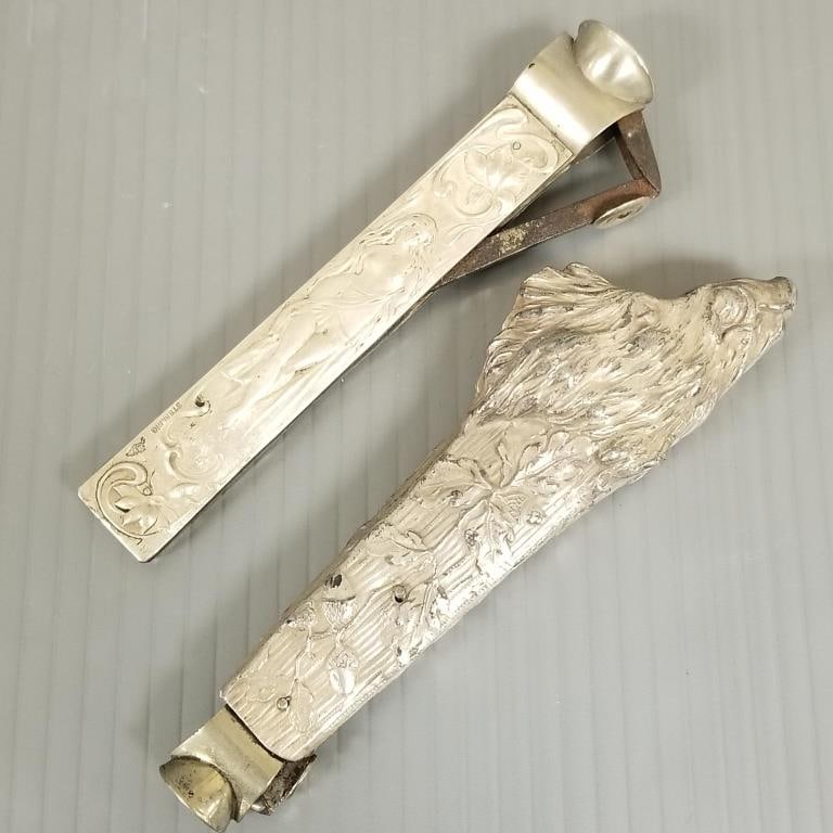 2 antique figural cigar cutters including sterling Art Nouveau & nickel silver German boars head - 5: 2 antique figural cigar cutters including sterling Art Nouveau & nickel silver German boars head - 5 1/2" longest