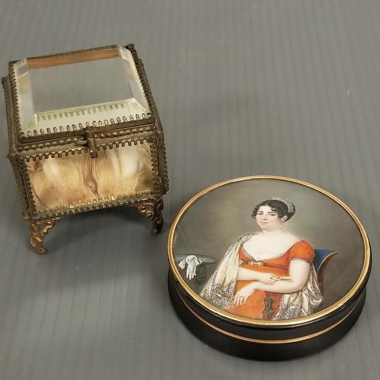 2 antique trinket boxes including hand painted Empress - 3 1/4" dial (as is) & a mini beveled glass (1 of 11)