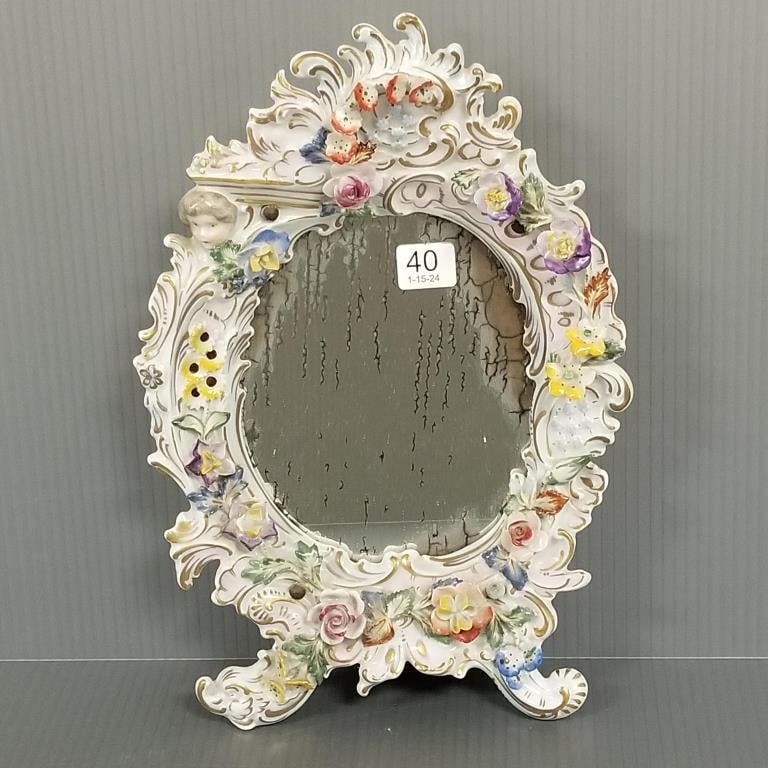 Dresden mirror with floral decoration & angel face (as seen) 12 1/2" high x 8 1/2" wide: Dresden mirror with floral decoration & angel face (as seen) 12 1/2" high x 8 1/2" wide