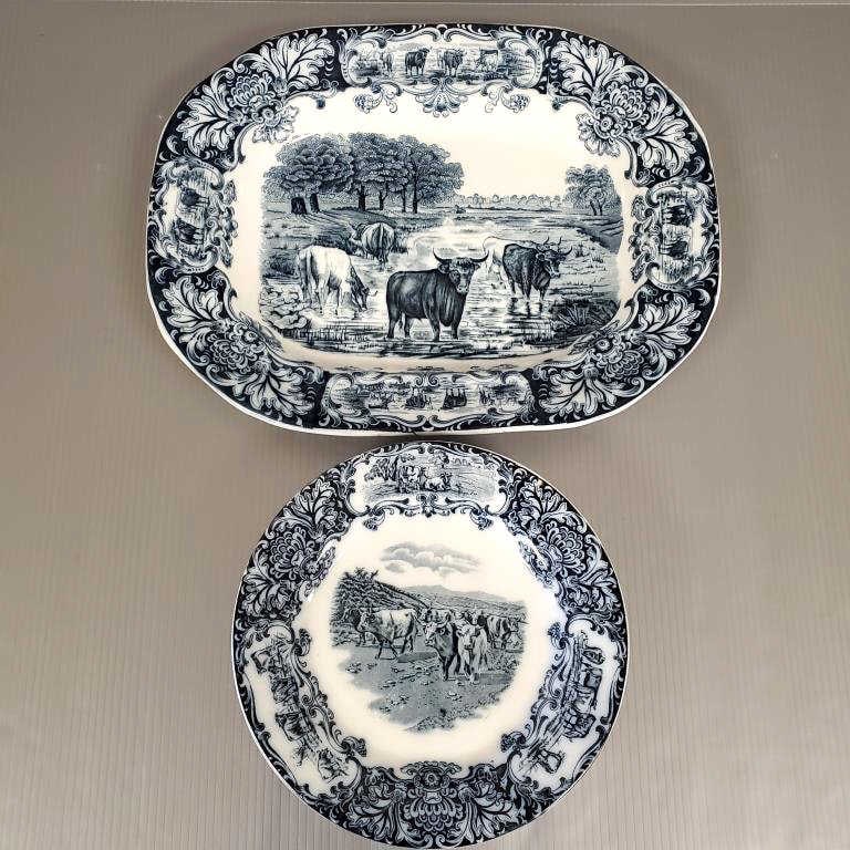 Wedgewood & Co. flow blue cow platter - 13 1/4" x 17" platter & 8 plates - 10" diameter (1 of 6)