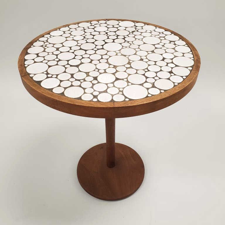 Gordon & Jane Martz white circular tile top side table - 19" diameter x 22" high; some color (1 of 14)