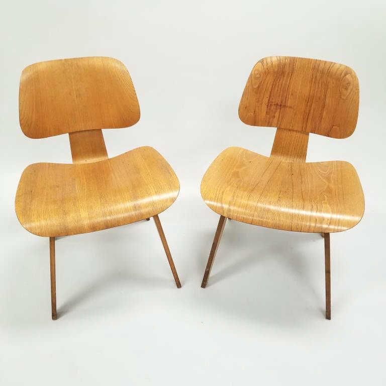 Two early Eames DCW molded chairs - one stamped DCW (1 of 5)