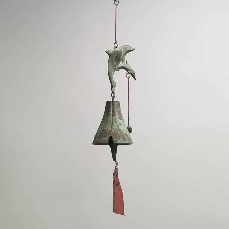 Paolo Soleri Cosanti bronze wind bells / chimes with dolphin decor - 26 1/2" high (1 of 8)