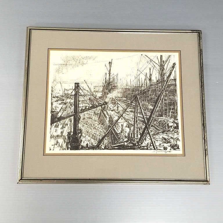 Muirhead Bone framed signed etching "On the Clyde" from Vincent Price Collection - 22 3/4" x 26 1/4": Muirhead Bone framed signed etching "On the Clyde" from Vincent Price Collection - 22 3/4" x 26 1/4" O.D.