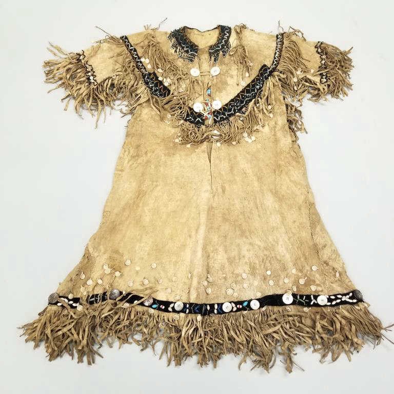 Native American / Northwest woman's hide dress with beads & shells - 40" chest; 46" long; 42" waist (1 of 9)