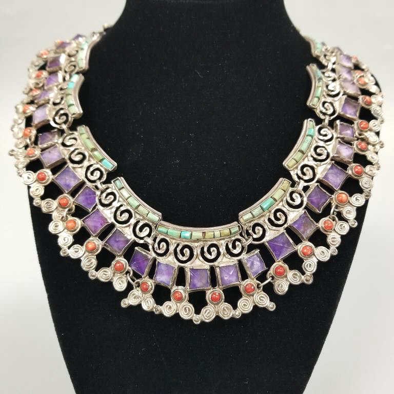 Sterling Matilde Poulat Matl stone encrusted signed necklace incl. amethyst, turquoise, & coral: 117 (1 of 9)
