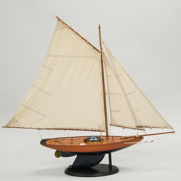 Vintage pond sailor Blue Bell Manhattan Yacht Club 2 sail yacht on stand - 34" tall x 38" long x 6": Vintage pond sailor Blue Bell Manhattan Yacht Club 2 sail yacht on stand - 34" tall x 38" long x 6" wide
