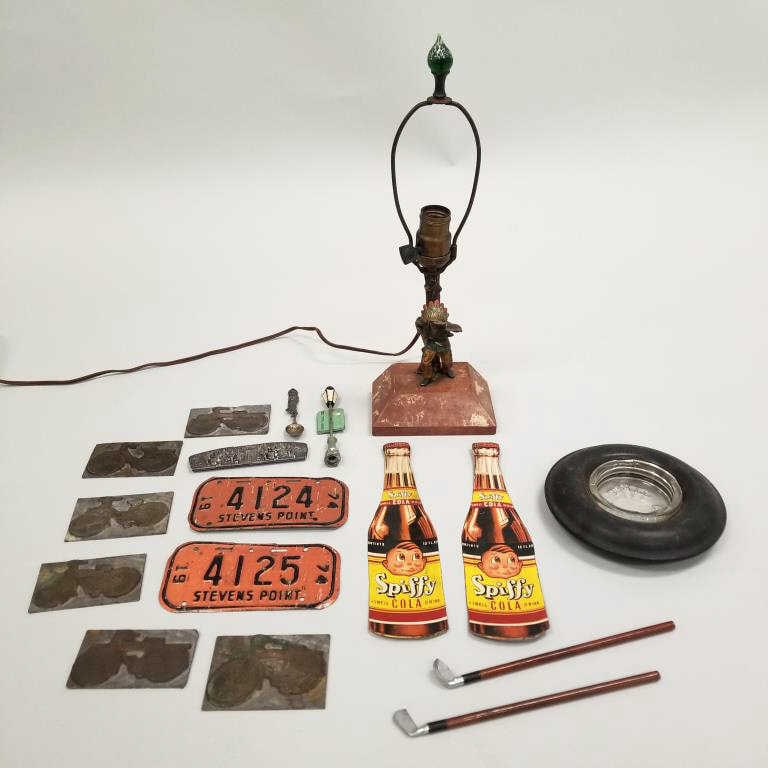 Group of advertising items including Spiffy Cola, Native American figural lamp (as seen), etc. (1 of 13)