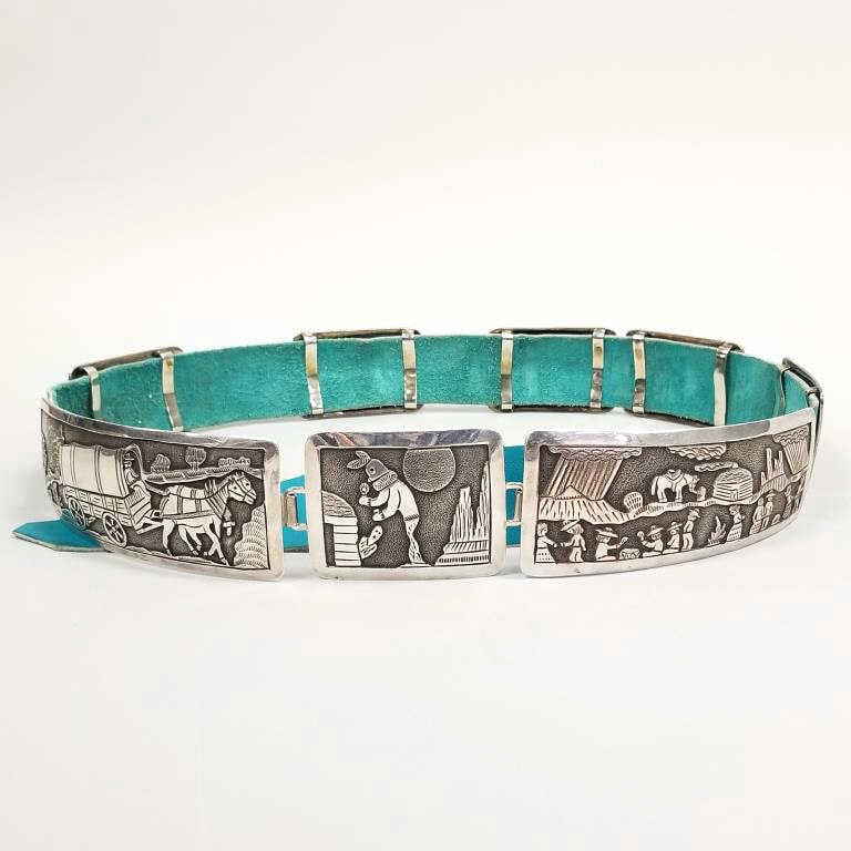 B.T. signed Navajo sterling storyteller belt with 8 pieces - approx. 25 troy oz. total weight with (1 of 10)
