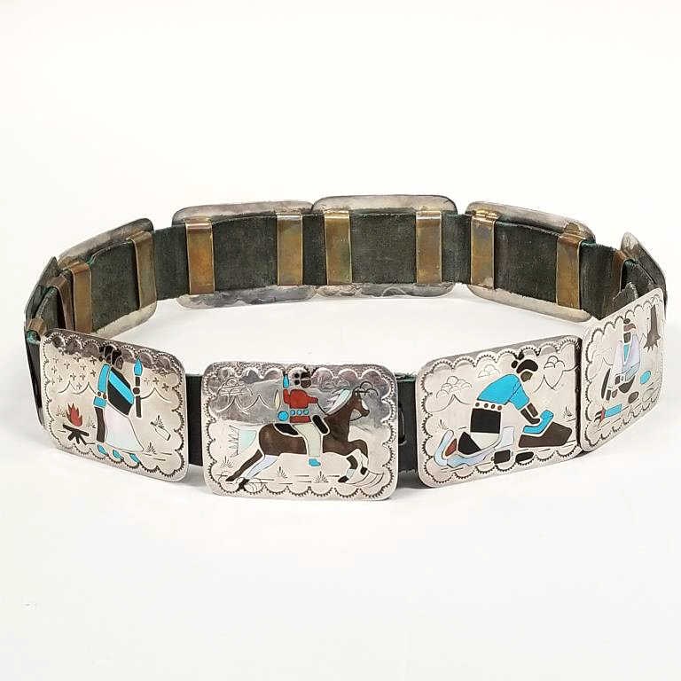 BR Zuni signed silver storyteller belt inlaid with turquoise, mother of pearl, etc. - approx. 16 (1 of 8)