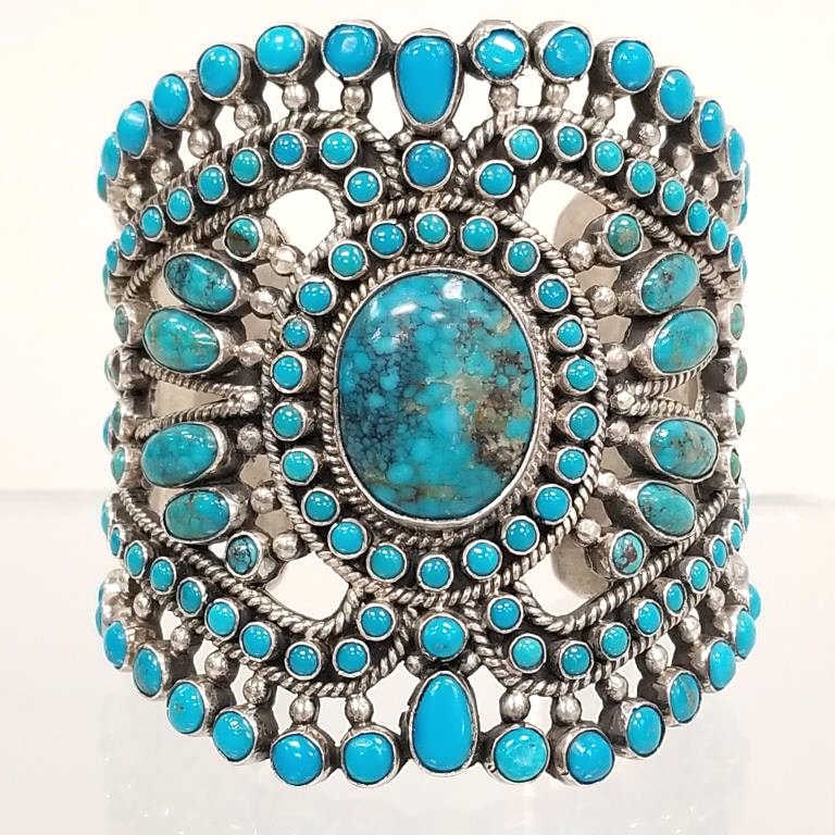 A. Lister signed sterling Navajo cuff bracelet set with turquoise - approx. 5 troy oz. (1 of 10)