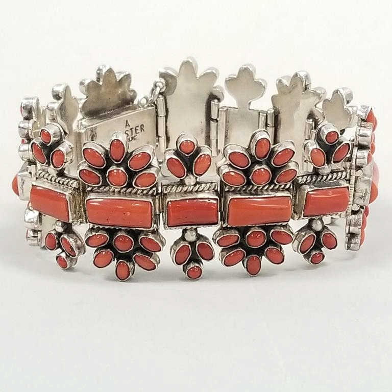 A. Lister signed sterling Navajo bracelet set with coral- approx. 3 troy oz. (1 of 7)