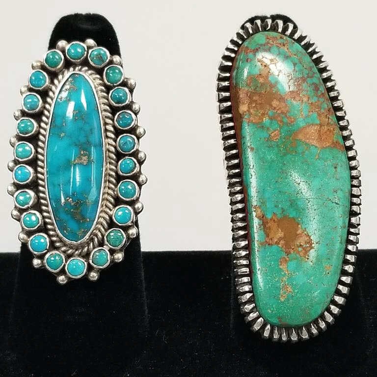 2 Lister signed sterling Navajo rings set with turquoise - sizes 8 & 8 1/2 (1 of 11)