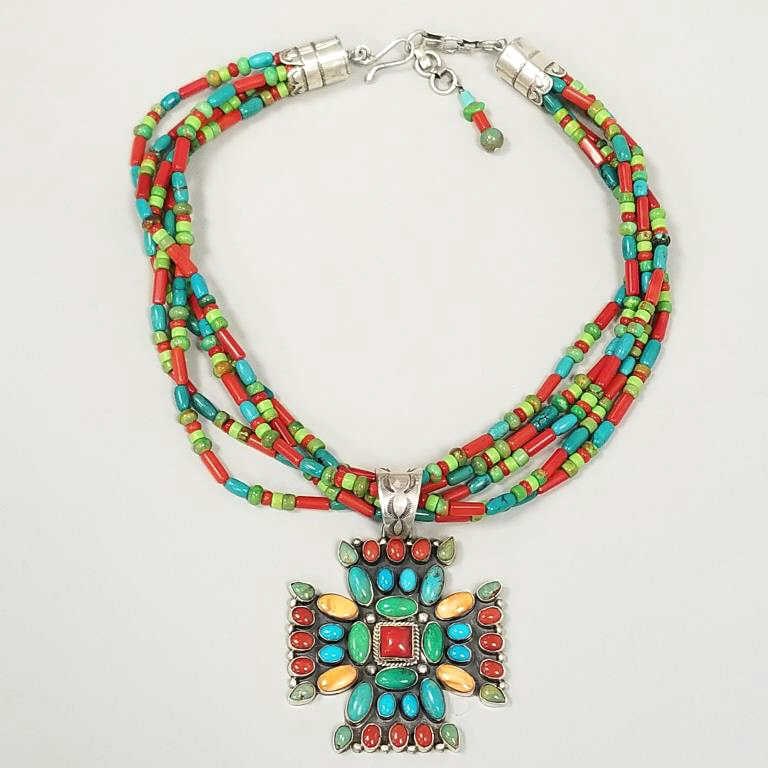 Lister signed sterling Navajo 3 1/2" pendant (incl bail) on beaded chain set with coral, turquoise, (1 of 8)