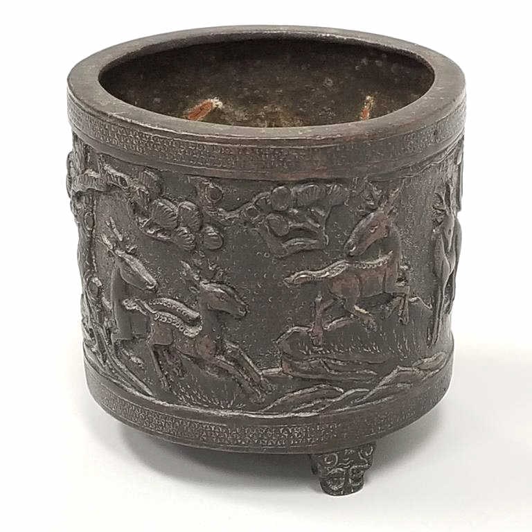 Antique Asian bronze censor with deer in forest motif - 3 3/4" high x 4" wide (1 of 8)