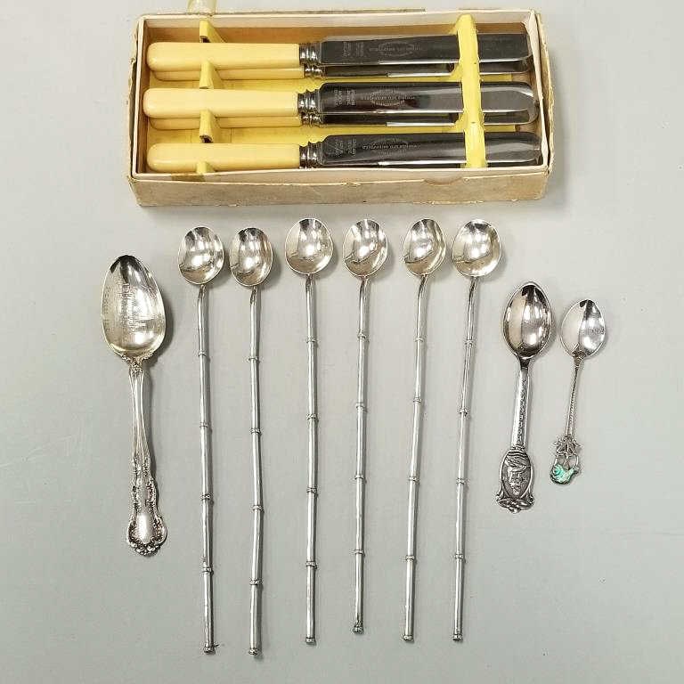 3 sterling silver souvenir spoons, 6 artisan sterling iced tea spoons and 6 Sheffield celluloid (1 of 15)