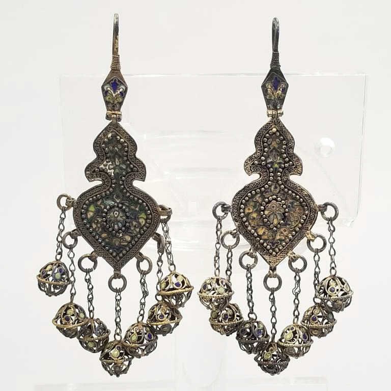 Antique Berber gilt silver enamel large dangle earrings - 7" long (1 of 10)