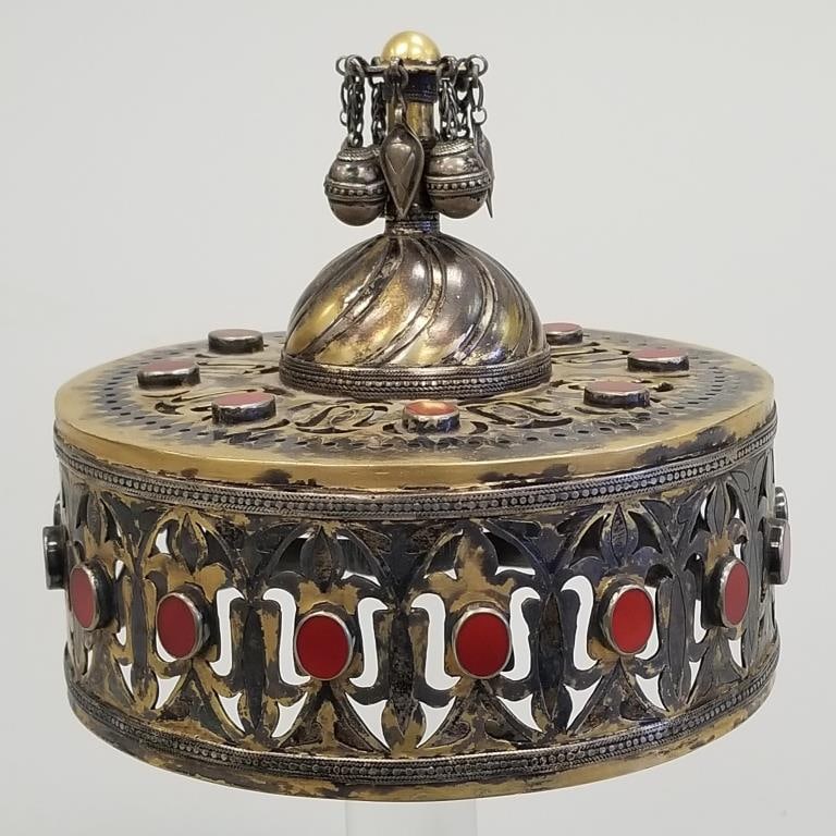 Antique Turkman gilt silver & carnelian headdress 6" high x 6 1/2" diameter (1 of 8)