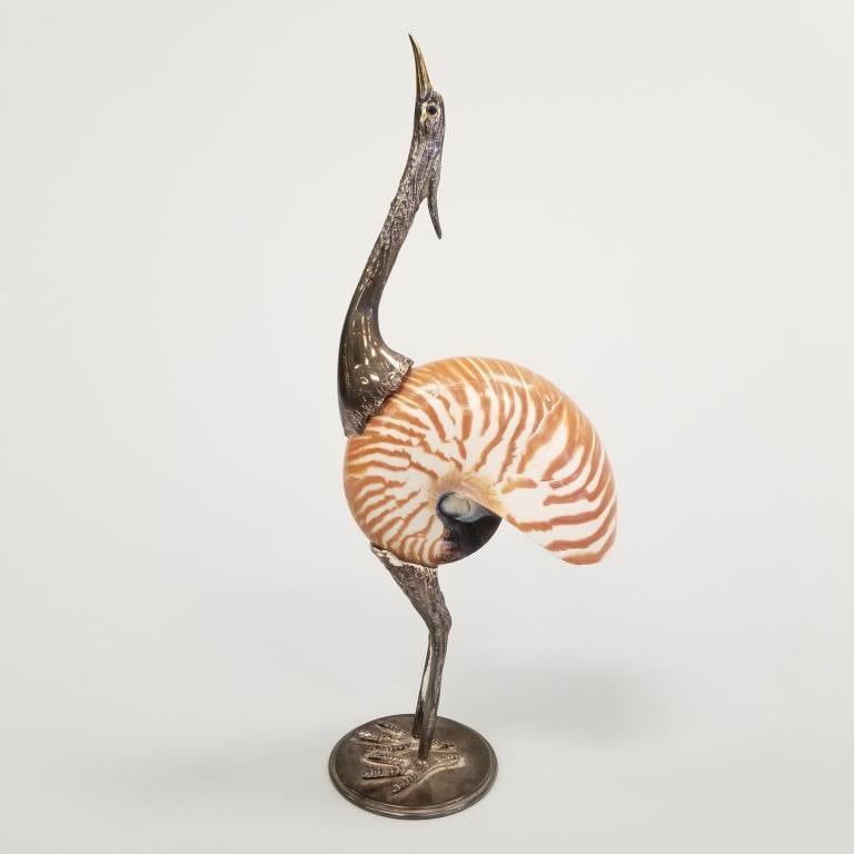 Gabriella Binazzi (attribution) silverplate natilus shell bird sculpture with enamel eyes (unsigned) (1 of 9)