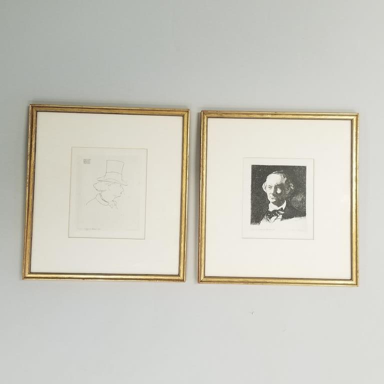 2 Edouard Manat framed original etchings "Baudelaire en Face" 3" x 3 1/2" image and "Portrait of (1 of 13)