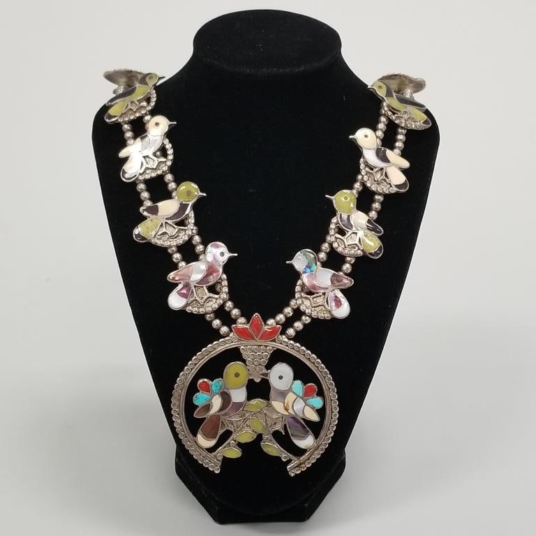 Eva Leekity signed Zuni necklace sterling silver inlaid with turquoise coral, etc. - 24"L, 3" naja, (1 of 8)